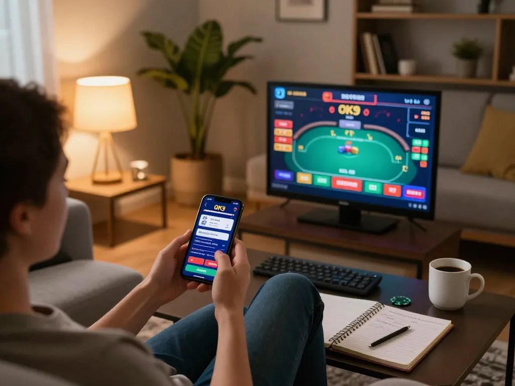 Playing online casino game on OK9 mobile app with strategic notes and cozy ambiance