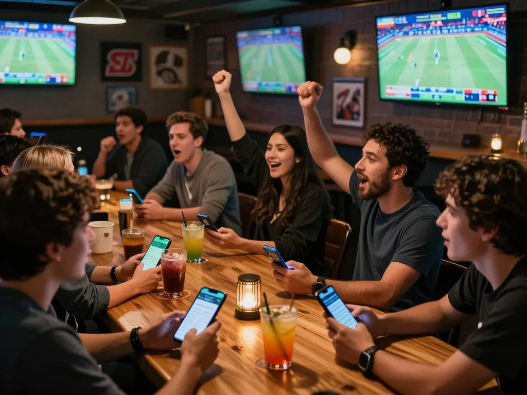 Engaging sports fans placing bets on soibetzz during dynamic game night at a lively bar.