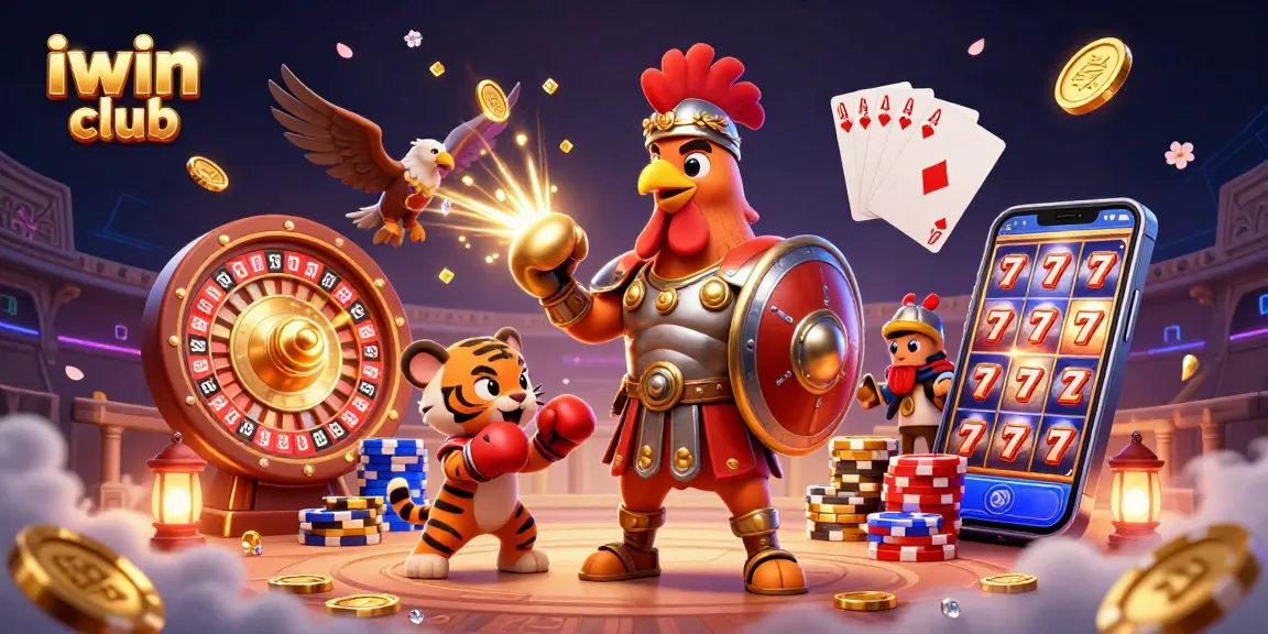 Experience winning moments at iwin club with dynamic 3D illustration featuring games, characters, and casino elements.