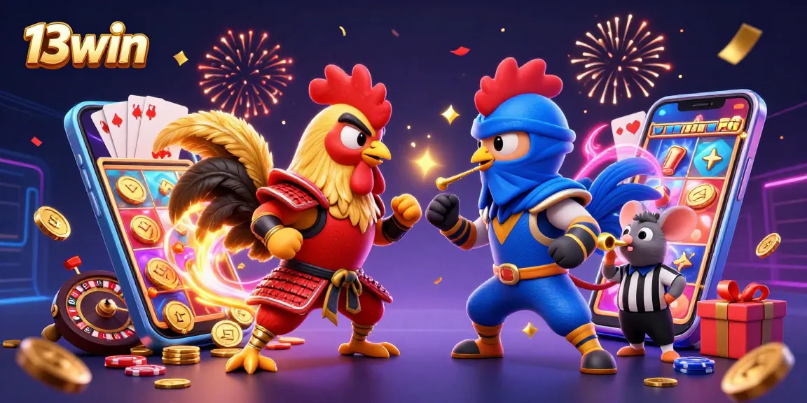Engage with the vibrant world of 13win, featuring a showdown between samurai and ninja roosters amidst chaotic casino elements.