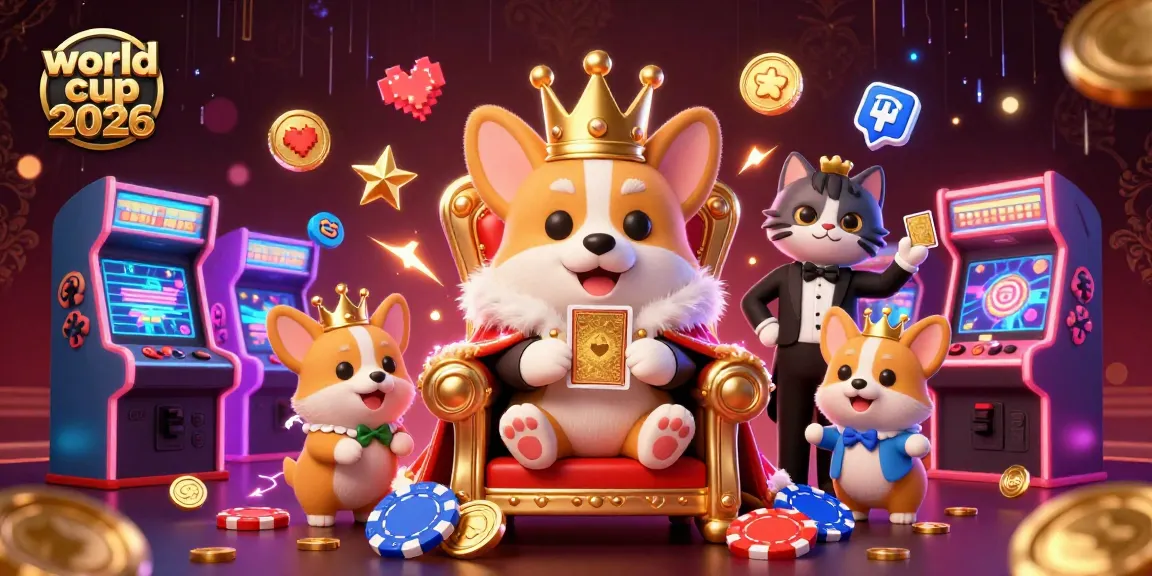 Engage in the world cup 2026 excitement with a royal corgi and a cat butler presenting golden cards in vibrant casino style.