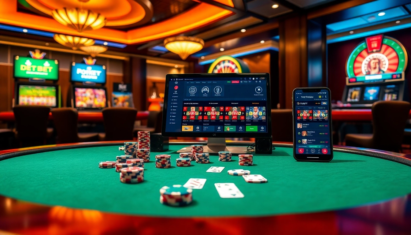 Experience thrilling gambling action at https://debet.jp.net/ with poker tables and vibrant slot machines.