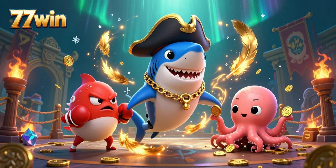 Experience thrilling gaming action with 77win's pirate shark and friends surrounded by gold coins and sports betting elements.