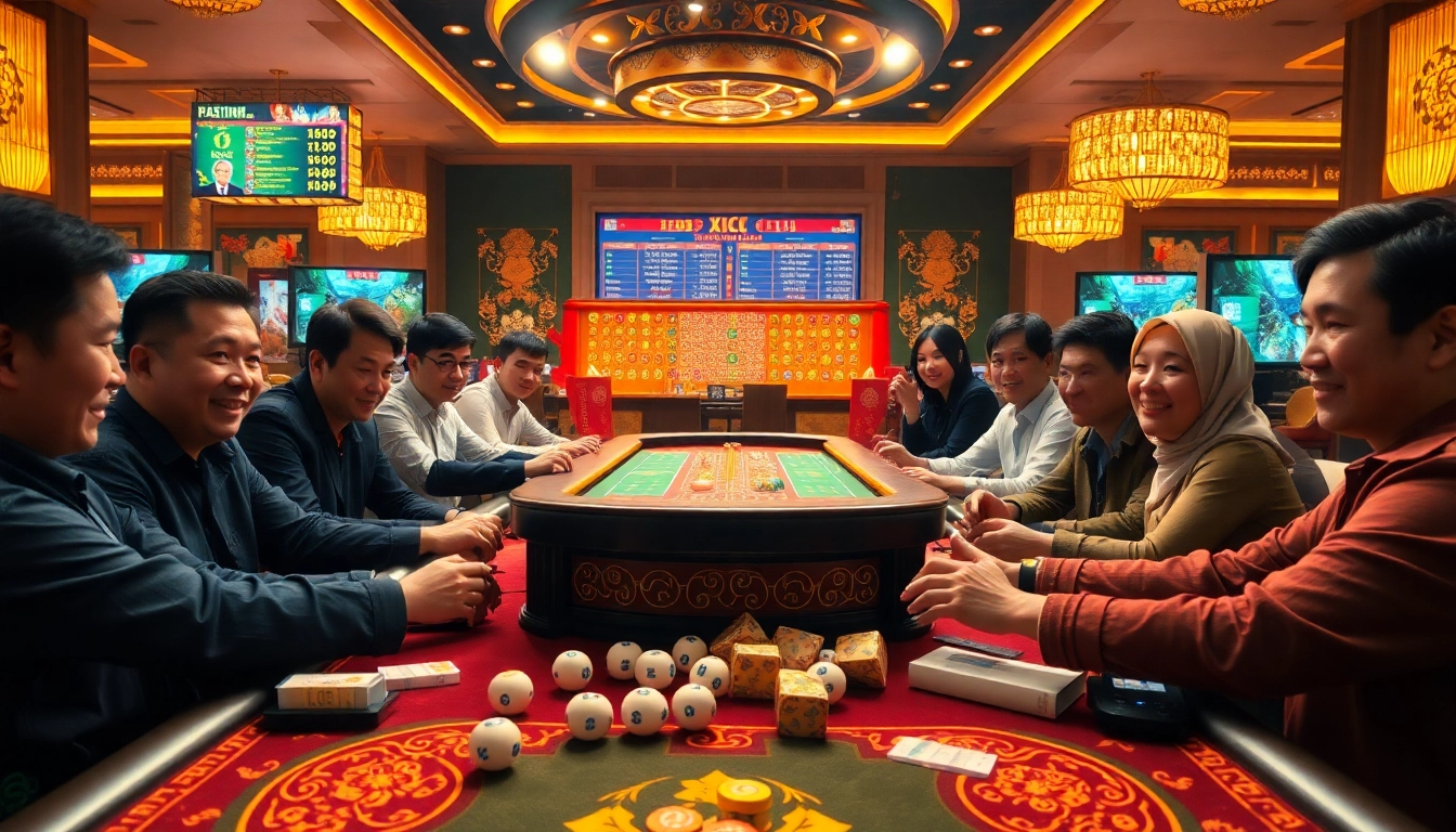 Xóc đĩa online players enjoying a vibrant casino atmosphere with dice and betting slips.