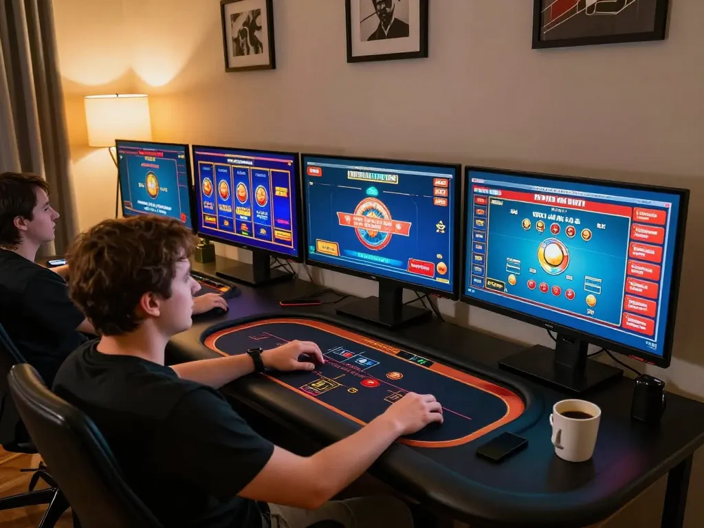 Engaging gameplay at 79king's online casino on multiple screens showcasing poker strategy and action.