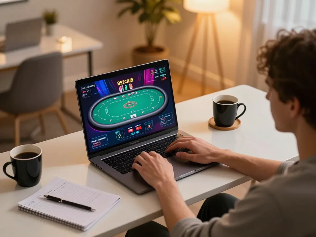 Engaged player exploring b52club gaming strategies on laptop, creating a vibrant online gaming atmosphere.