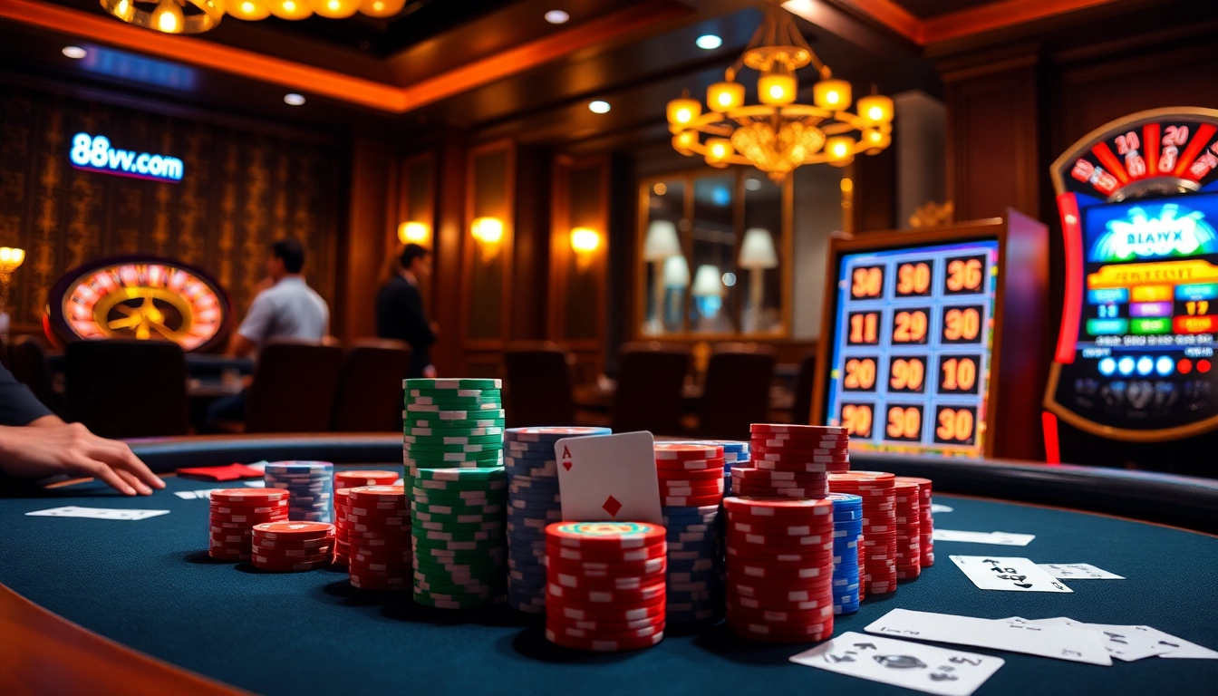 Engage in thrilling games on 88vv.com with vibrant cards, chips, and an electric casino atmosphere.