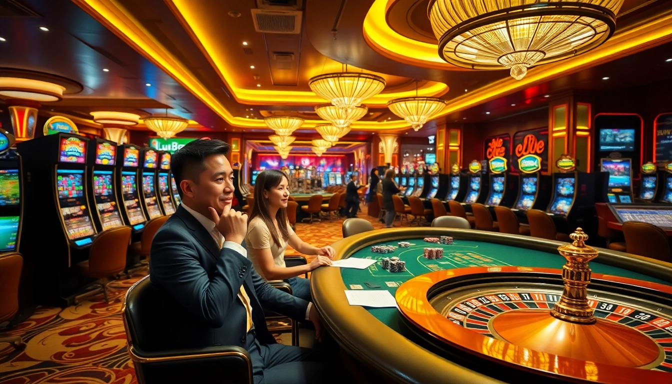 Experience thrilling betting at Lu88's vibrant casino gaming floor with poker tables and slot machines.