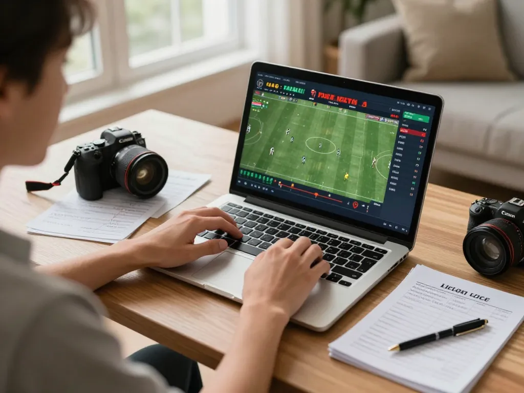 Tracking kết quả bóng đá in real-time using a laptop at home while enjoying a strategic betting session.