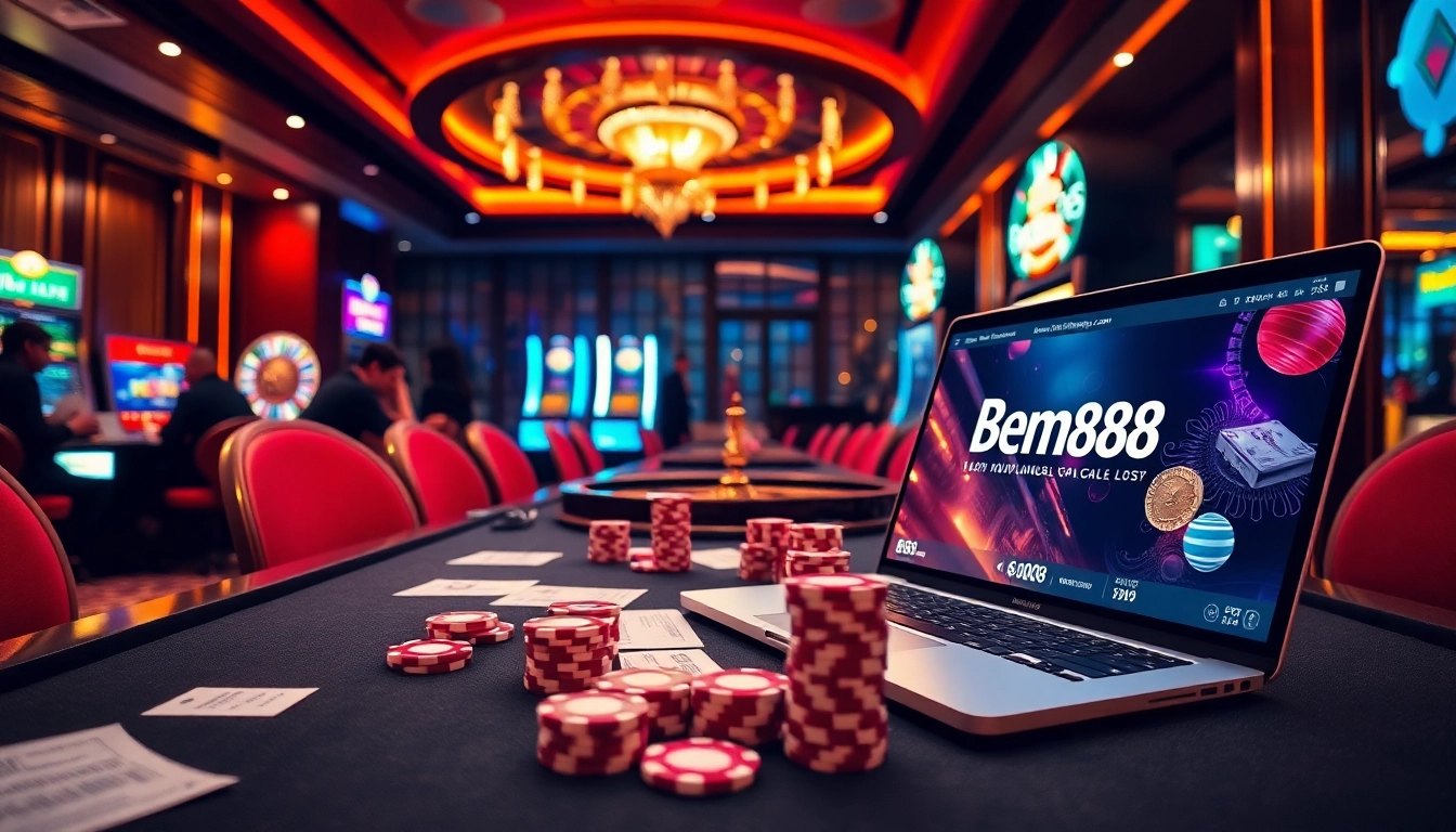 Gambling players strategizing at a luxurious table on https://bem88v.com/, featuring vibrant slot machines and interactive gaming elements.