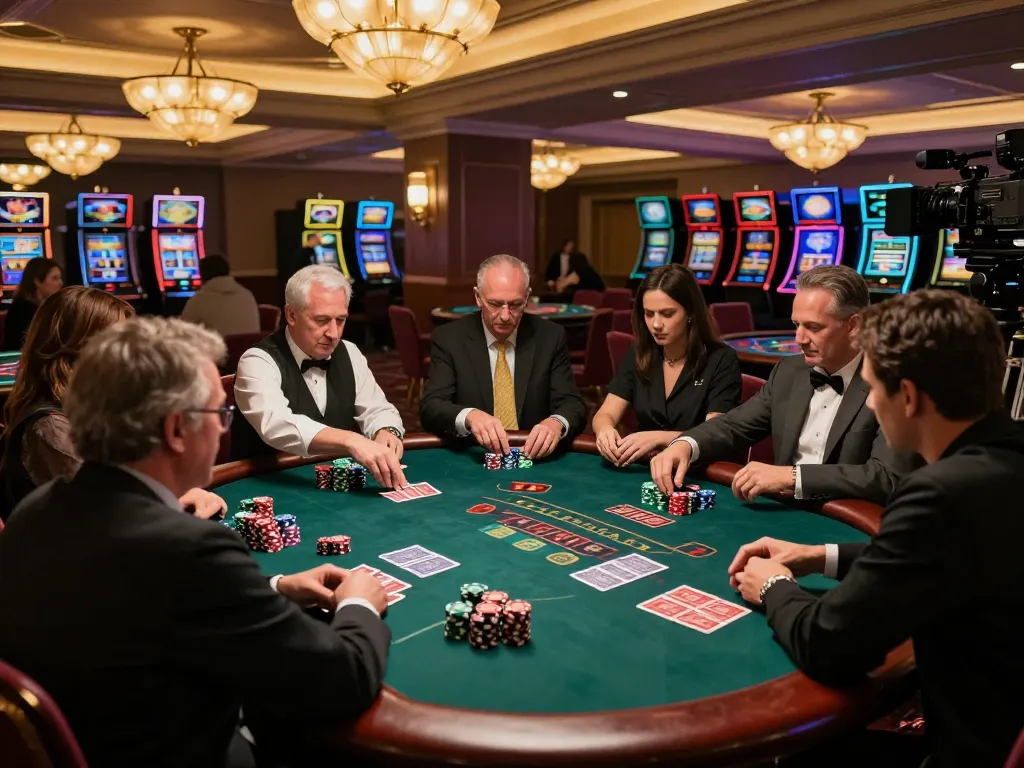 Players enjoying a thrilling game of blackjack at 98win's upscale casino, with dynamic action and vibrant atmosphere.