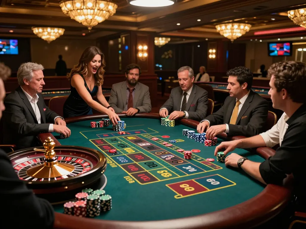 FC88 players placing bets at a thrilling roulette table in a luxurious casino atmosphere.