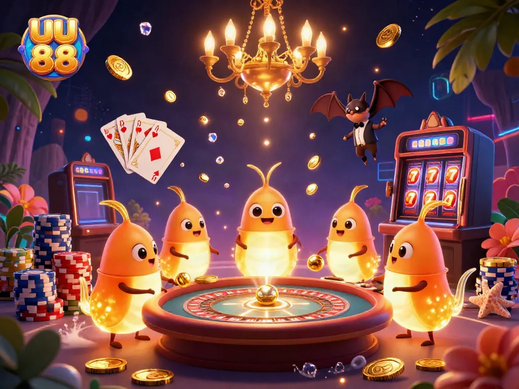Experience gaming excitement at uu 88 with vibrant characters illuminating a casino scene surrounded by casino elements.
