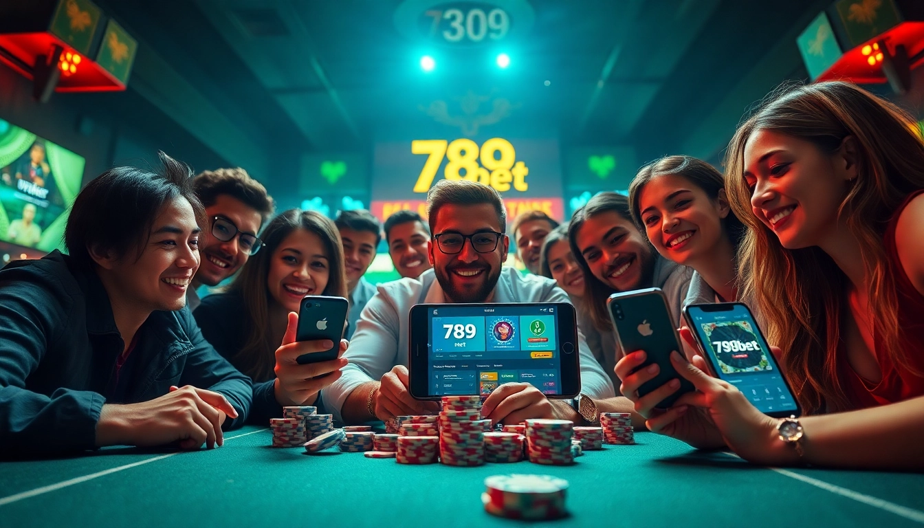 Engaging scene featuring diverse friends enjoying games and sports betting with 789bet, showcasing modern technology.
