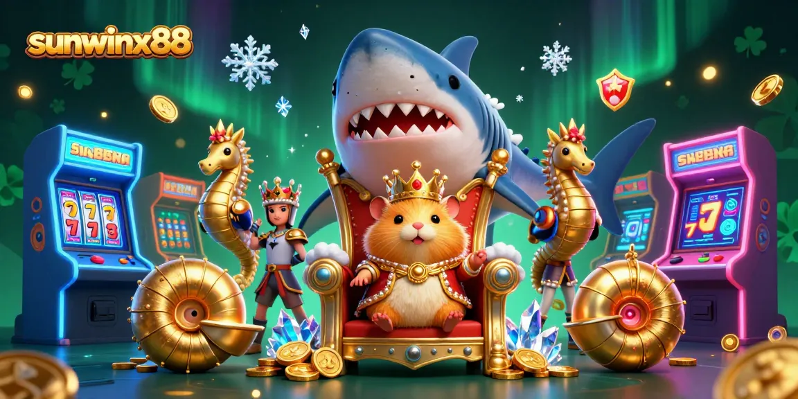 Experience thrilling gaming with sunwinx88 featuring a golden hamster king atop a megalodon throne.
