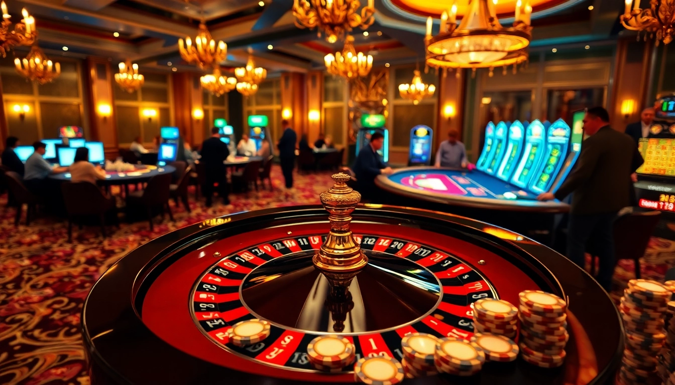 Experience the luxury of gambling at 8KBET with a vibrant casino scene showcasing roulette, blackjack, and digital gaming.
