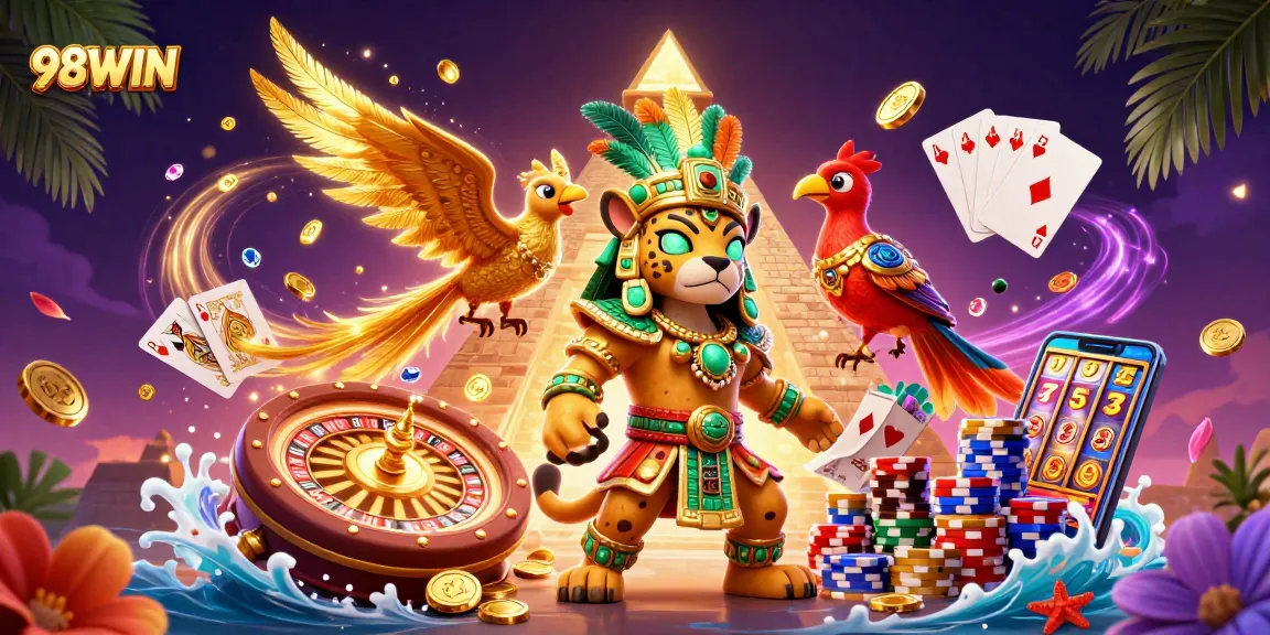 Experience the excitement of 98WIN with a vibrant 3D casino scene featuring lucky spins and waves of gold.