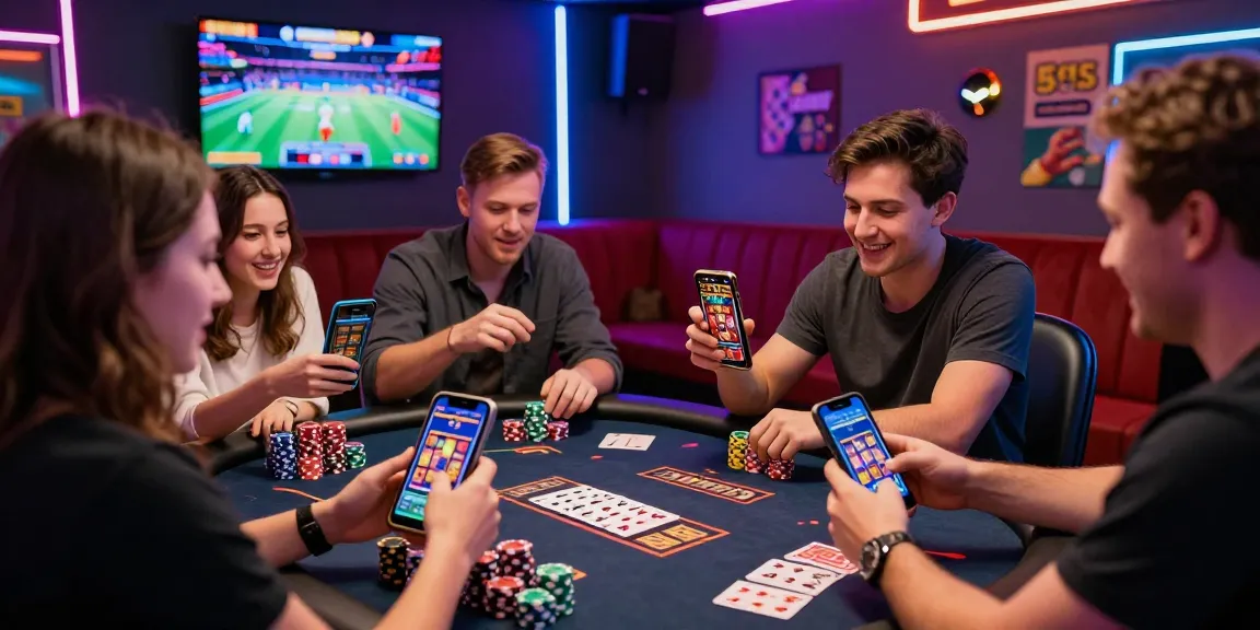 Friends enjoying a lively atmosphere at a credit card casino, celebrating gaming wins and excitement.