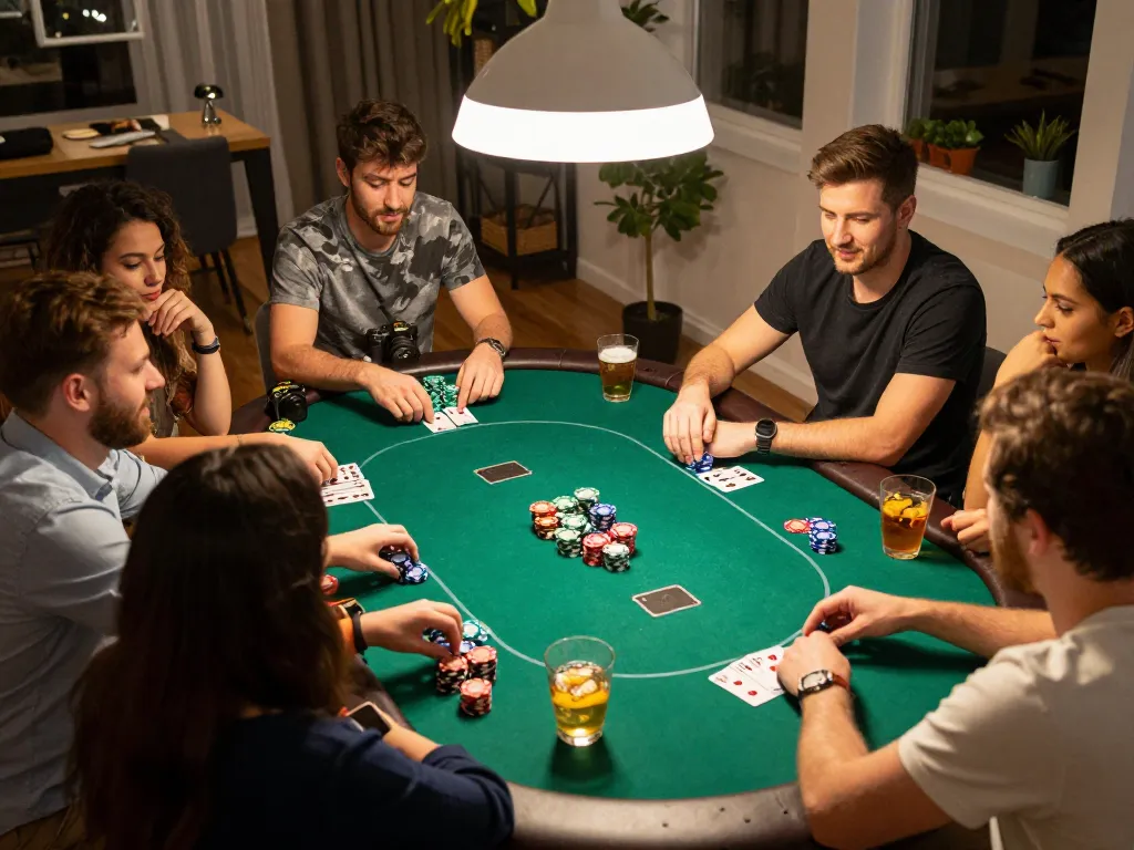 Friends enjoy a poker night at home while playing SpinAUD, showcasing casual yet strategic gameplay.