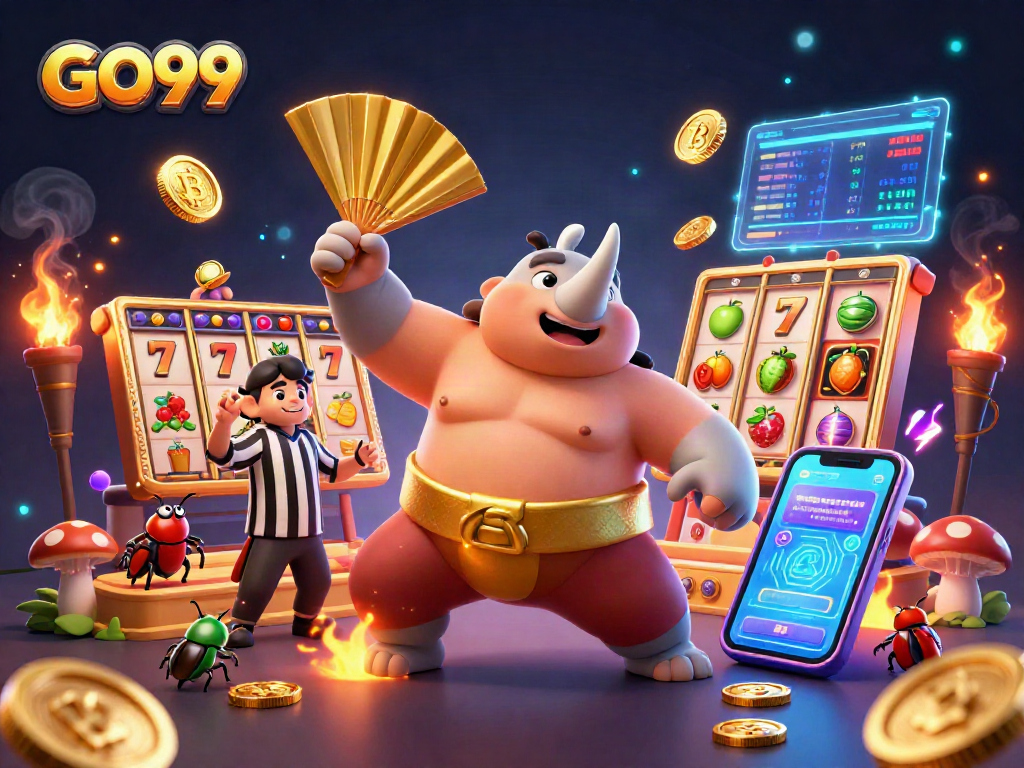 Experience the excitement of GO99 with a sumo champion beetle and golden coins flying!