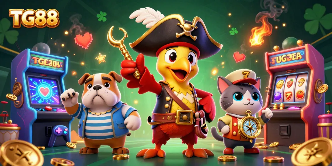 Experience thrilling gaming with TG88 pirate characters amidst vibrant casino elements.