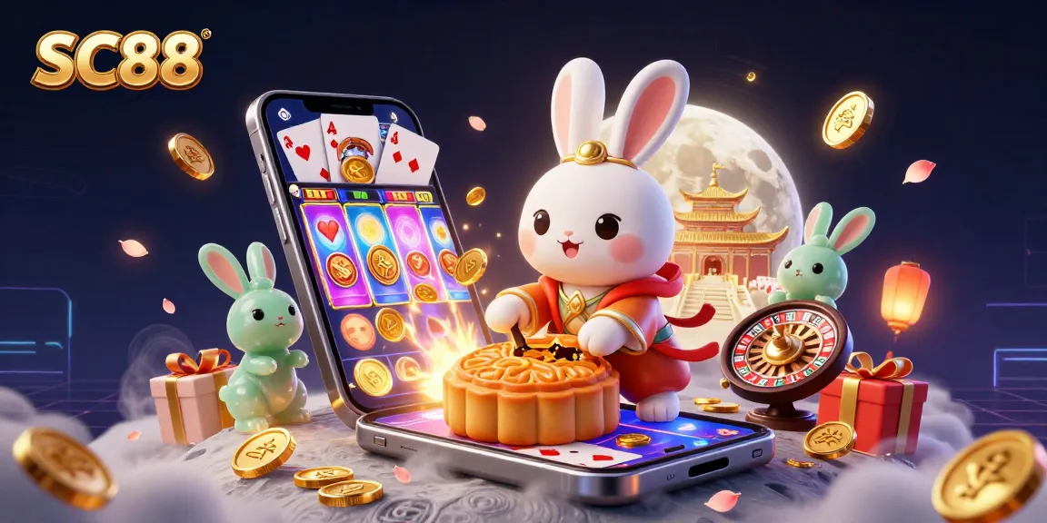Play to win at SC88 with exciting slot games featuring dynamic moon rabbits and golden coins.