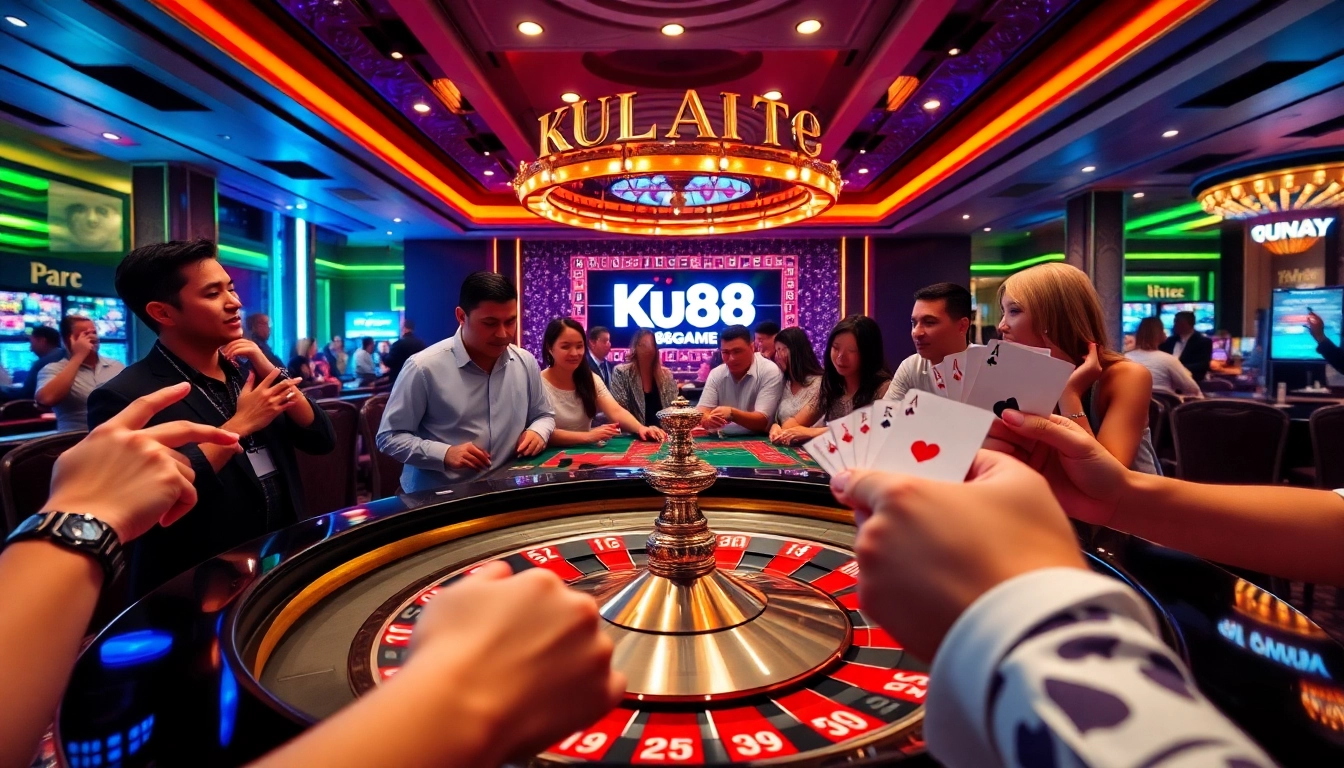 Experience the thrill of Ku88game at a lively casino table with poker chips and cards.