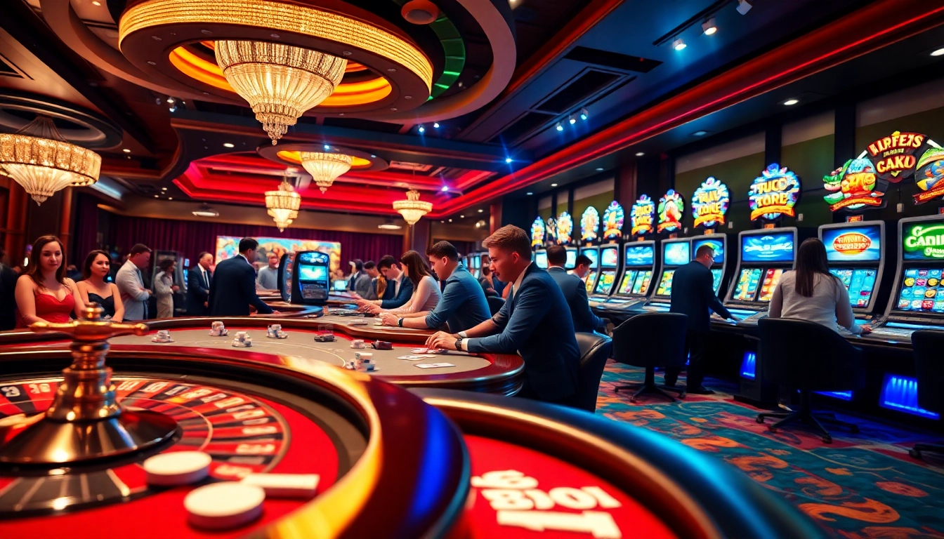 Players enjoying poker and slot games at a luxurious casino inspired by https://xx88.uk.com/ with vibrant lighting.