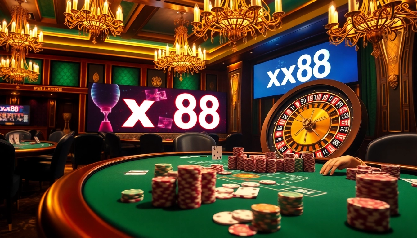 Experience high-stakes gambling excitement at xx88's luxurious poker table, surrounded by vibrant poker chips.