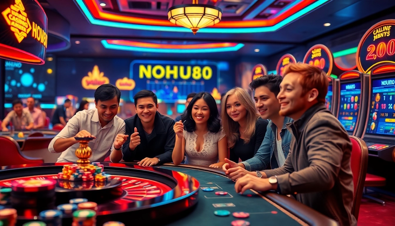 Experience thrilling gameplay with NOHU90 in a vibrant casino scene featuring poker chips and slot machines.