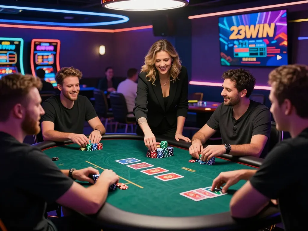Exciting poker table scene at 23win casino, showcasing players enjoying their game in a lively atmosphere.