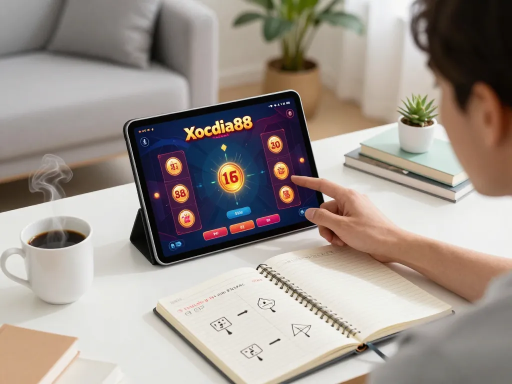 Xocdia88 online gaming on a tablet in a cozy living room setting.