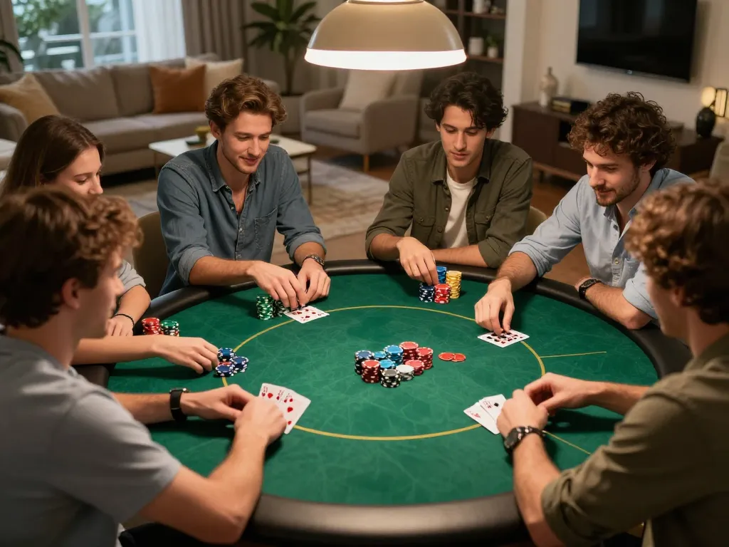 Engaged players in a poker game showcasing strategy and excitement at home with ve88 themed decor.