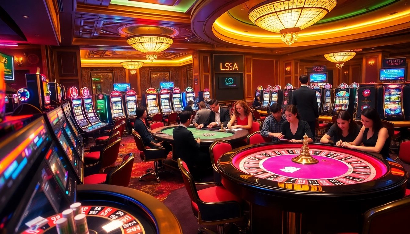 A thrilling casino environment with poker tables and slot machines engaging players, highlighting https://lsa.jp.net/ in the background.