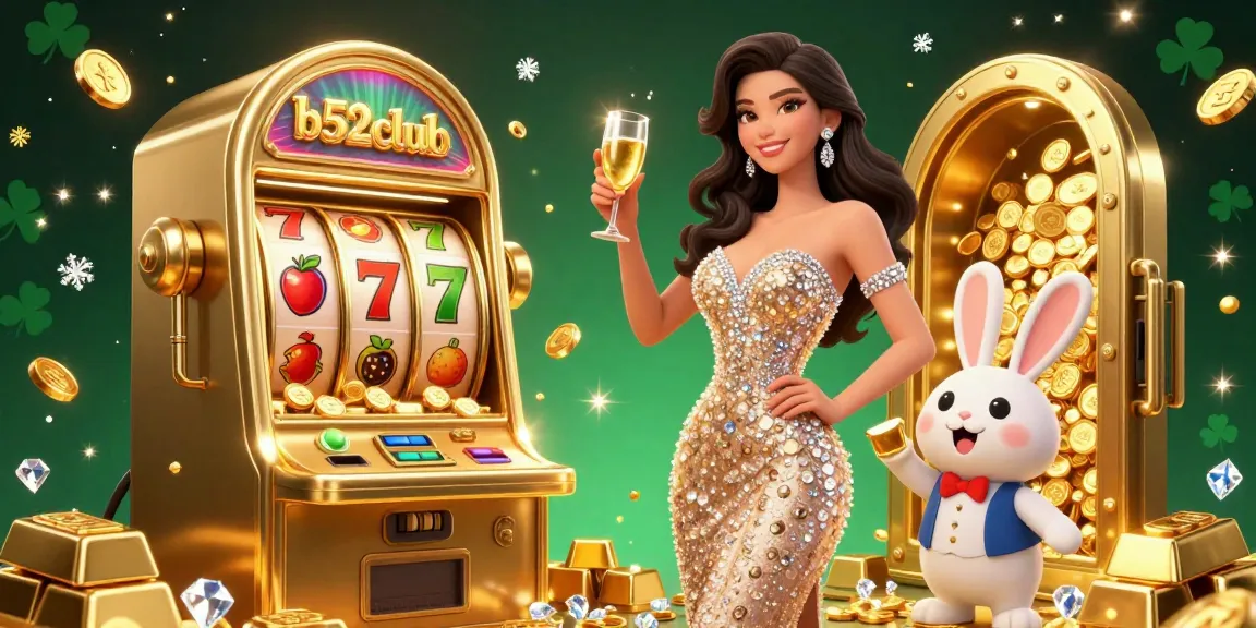 B52club showcases thrilling gameplay with a graceful woman toasting beside an extravagant jackpot slot machine.