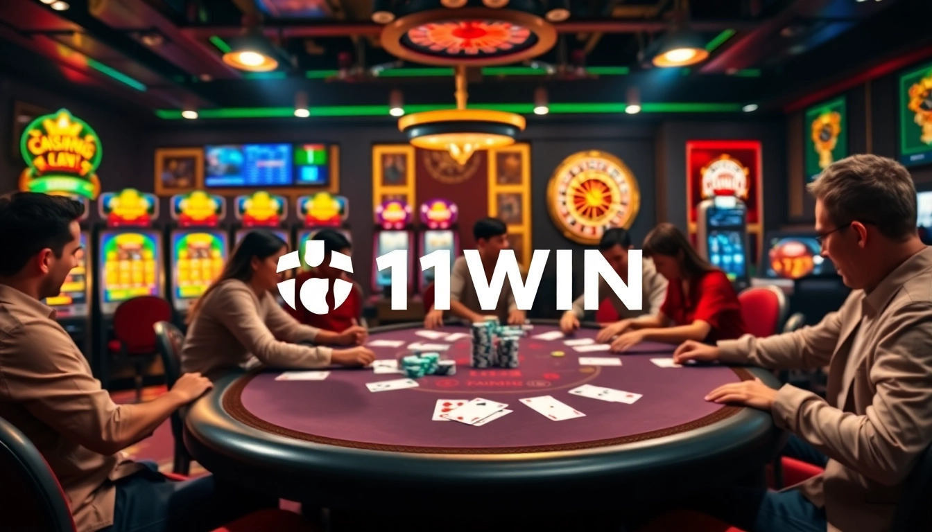 Players strategizing at a 11WIN poker table, showcasing excitement in a lively casino.
