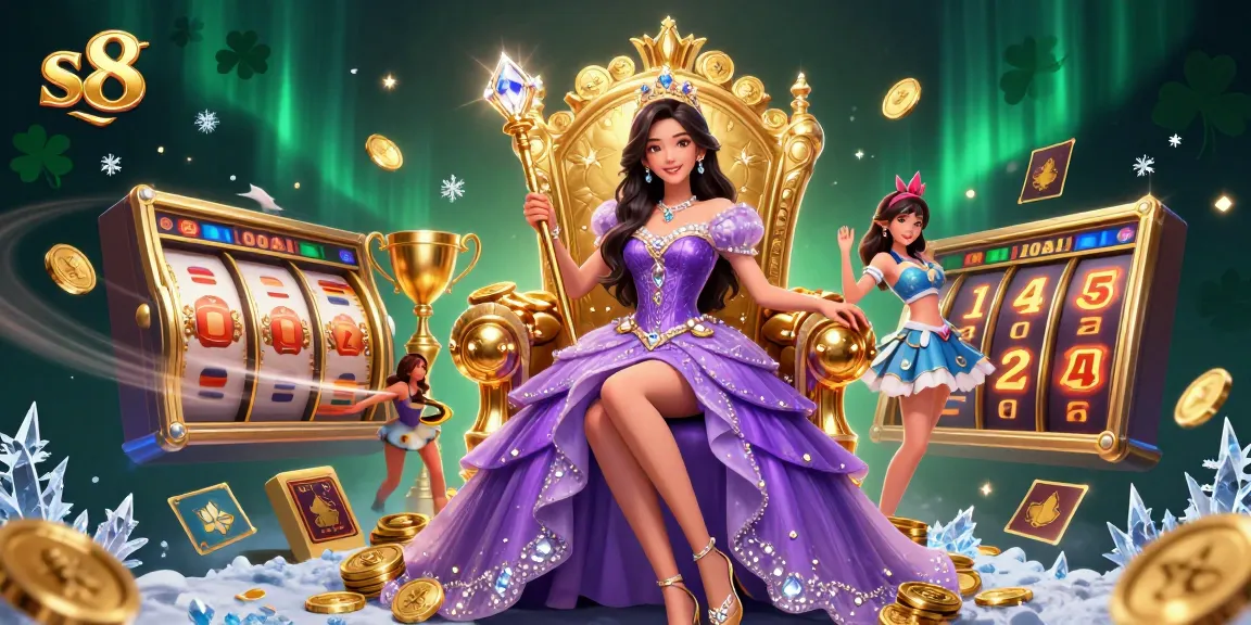 Experience thrilling gameplay at s8 casino with a stunning princess illustration amidst slot reels and gold.