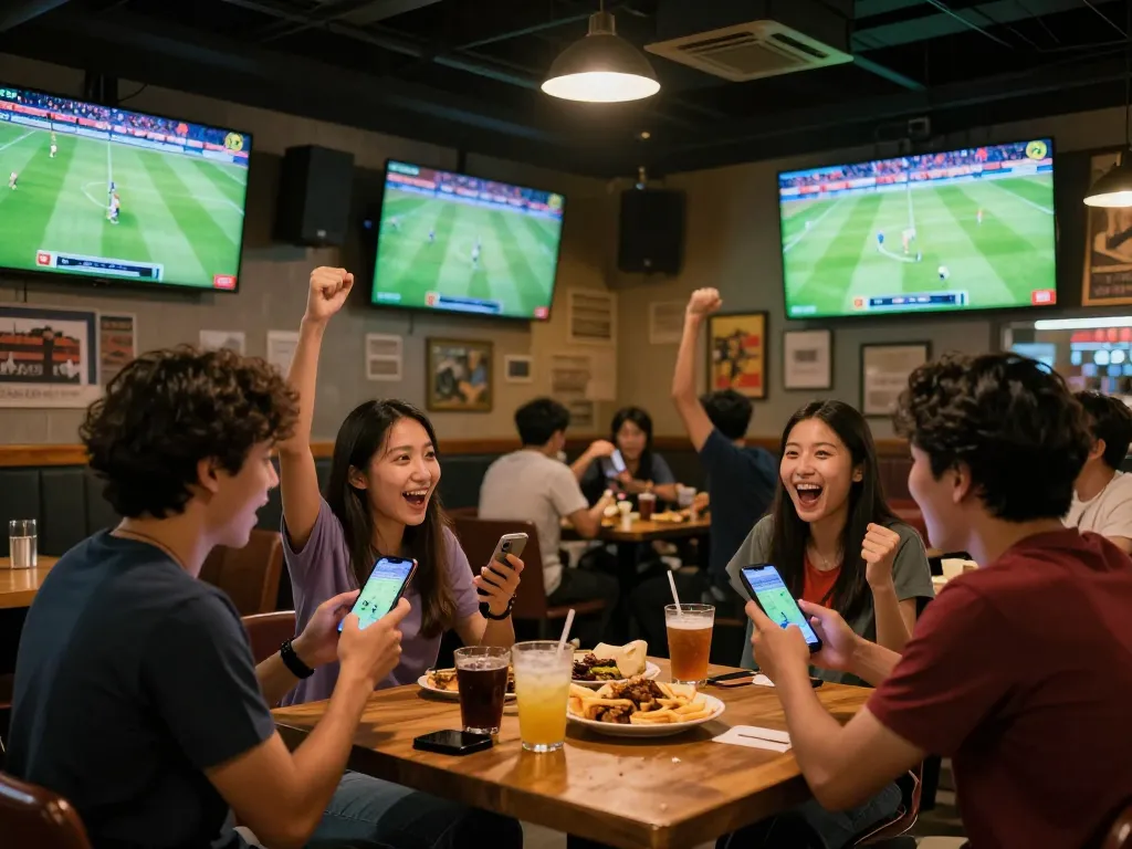 Excited fans at a sports bar placing kèo nhà cái bets during a live football match.