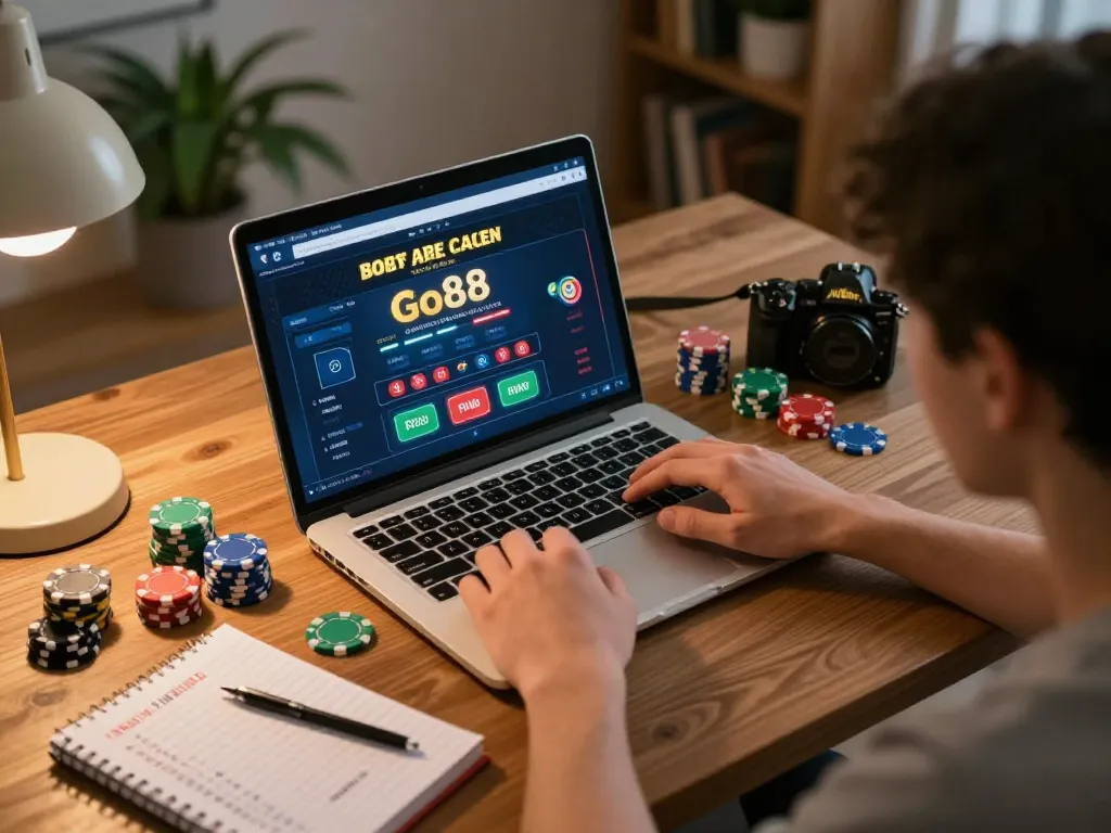 Engaging online gaming session showcasing a Go88 casino interface with strategic notes and a cozy home setup.