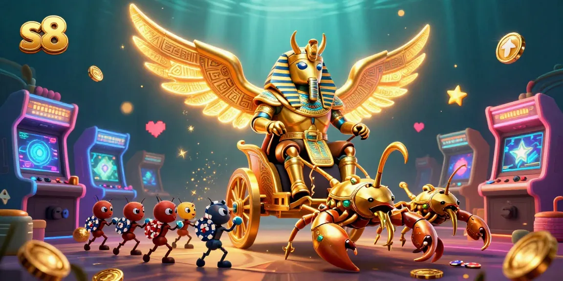 S8's thrilling gameplay comes alive with a colossal golden scarab in a lively casino scene, filled with vibrant 3D arcade elements.