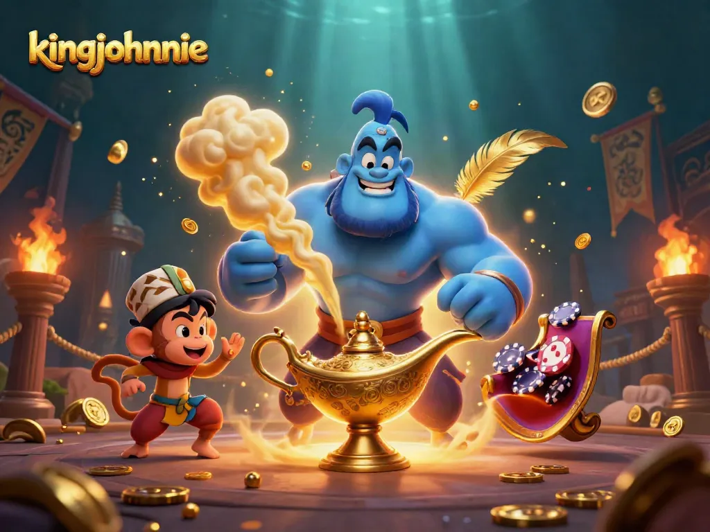 Experience the vibrant action of kingjohnnie casino with a cartoon genie and poker-themed scene.