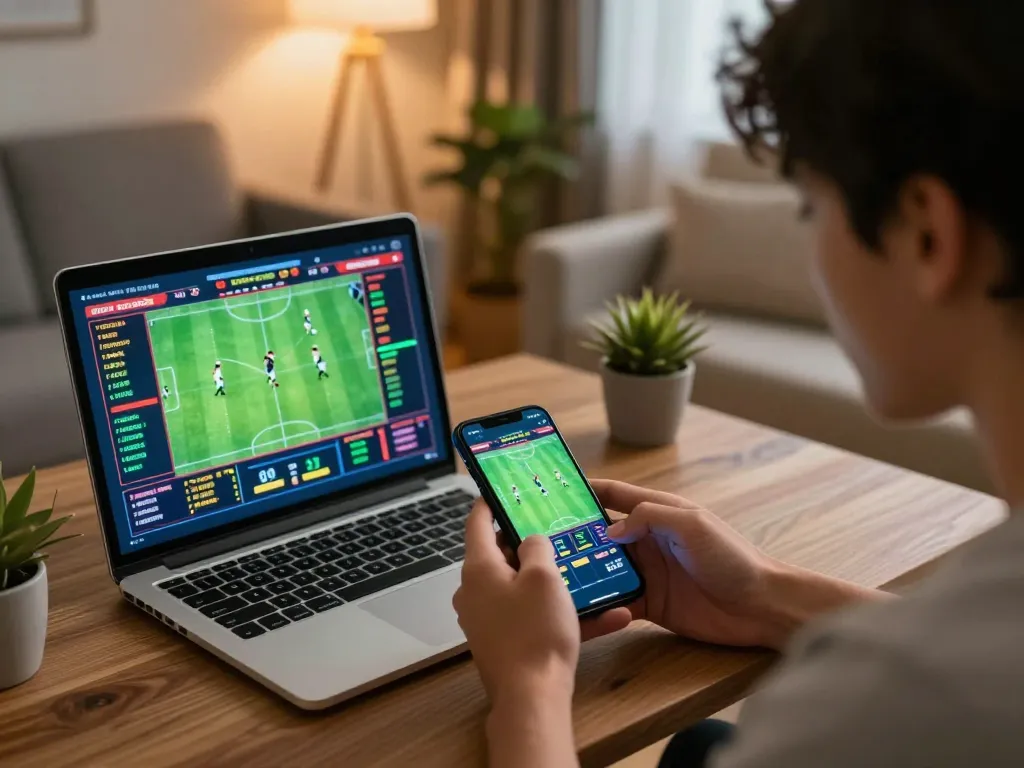 U888 player placing bets on a smartphone during a live sports event, showcasing dynamic gameplay action.