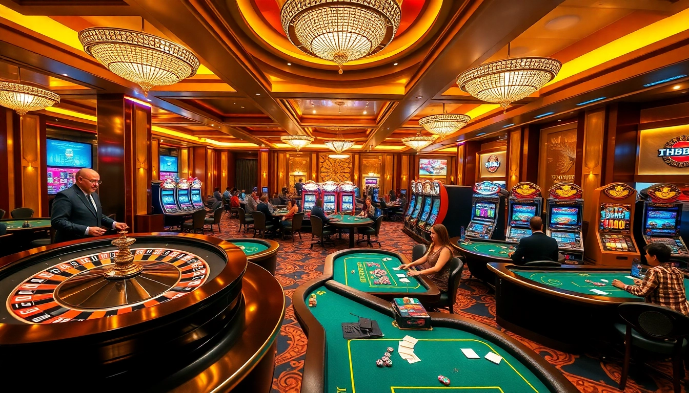 Experience gaming excitement at SHBET with vibrant poker tables and roulette wheels in a luxurious casino.