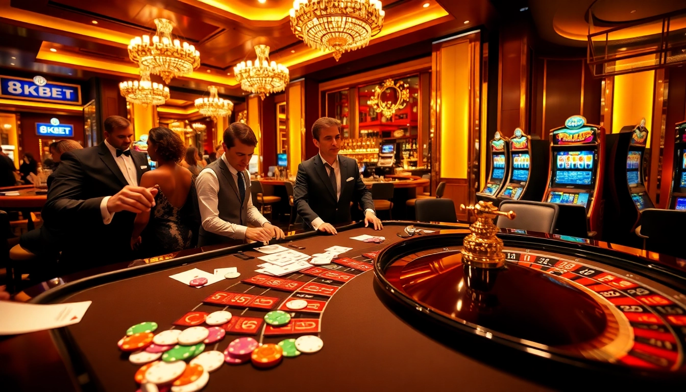Experience the thrill of gambling at 8KBET with vibrant casino tables, chips, and a lively atmosphere.