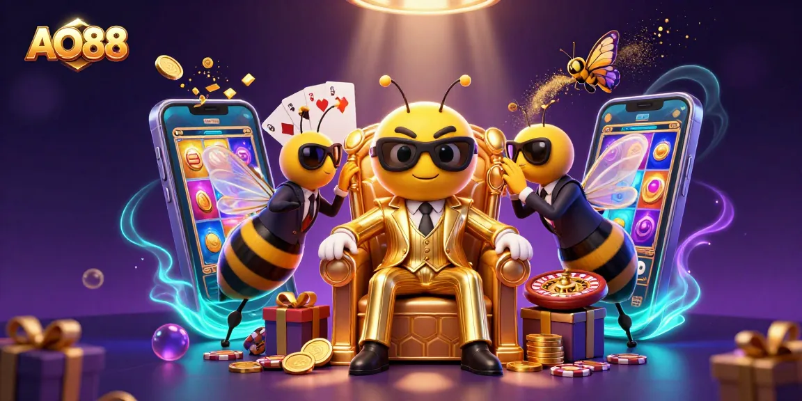 AO88 casino adventure featuring a playful bumblebee mob boss and vibrant gaming elements.