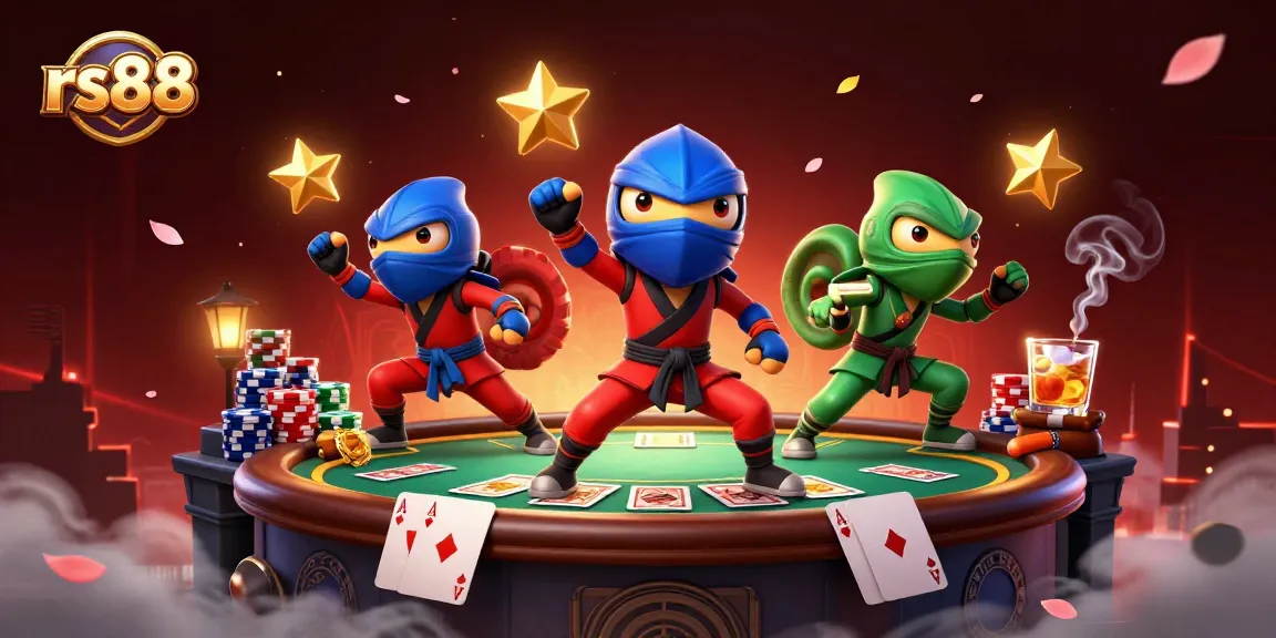 Experience rs88's thrilling casino action with ninja chameleons amidst poker elements and a vibrant backdrop.