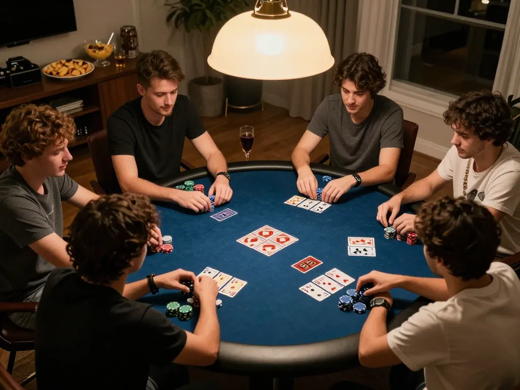 Friends enjoying a poker game at home, exhibiting strategic play and camaraderie at their 888top game night.
