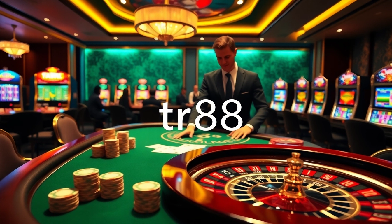 Experience the thrill of gambling at TR88's luxurious casino tables, featuring vibrant poker and roulette visuals.