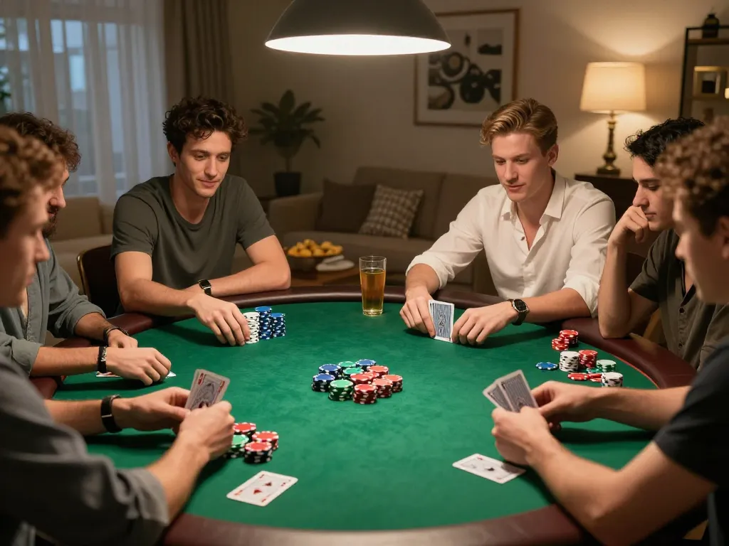 Friends enjoying a poker night at home with LV88 gaming atmosphere and snacks.