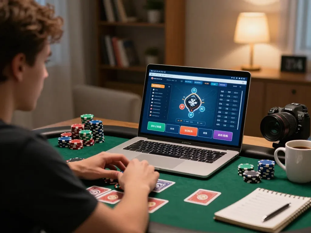 Engaged player on https://go8.agency/ in an intense online poker game, with chips and cards strategizing for wins.